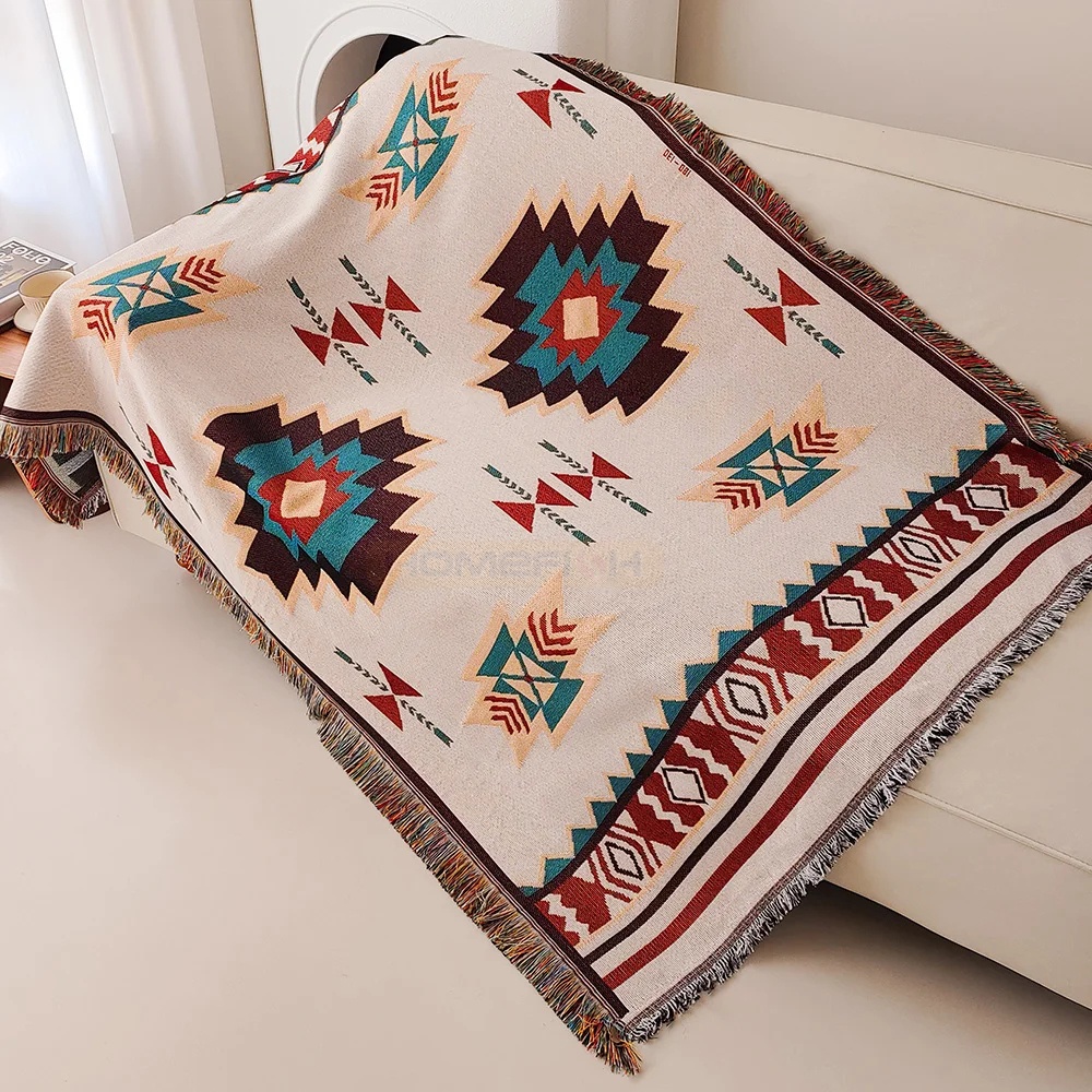 Boho Throw Blanket Fringe - Cobertor Azteca Oversized Boho com Franjas,
